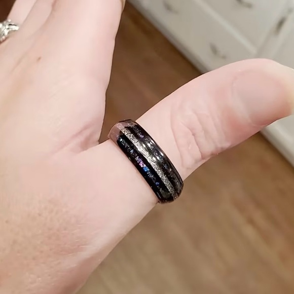 Black Gunmetal Plated Stainless Steel Ring Galaxy Sky Stars Inlay Silver Accent - Picture 10 of 16